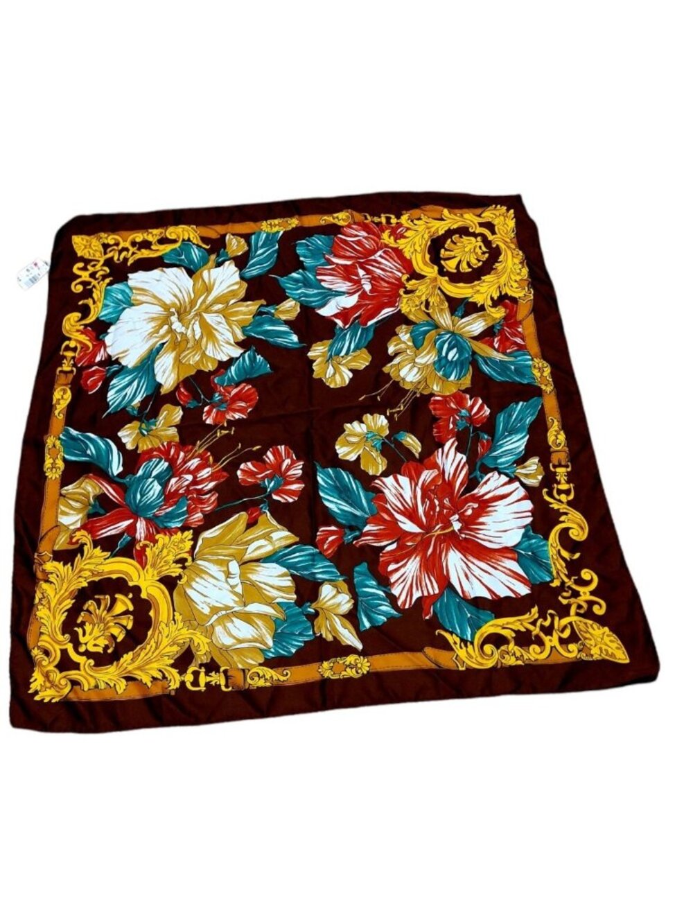Square Scarf Brown Red Green Yellow Floral Baroque Style Made in Italy NOS 33"